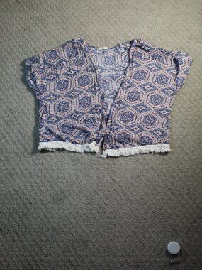 Hem & Thread Sz S/M Rayon Blue Peach w Fringe Trimmed SS Open Front Cardigan